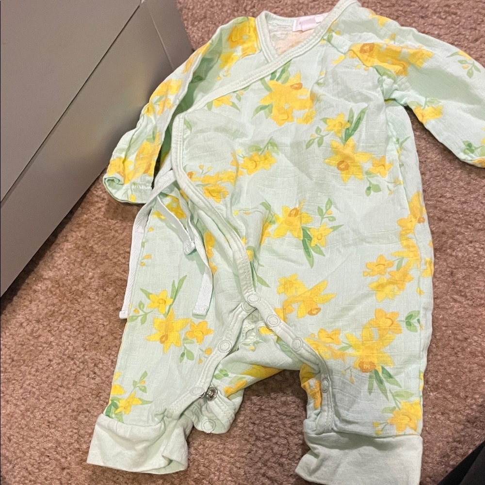 Angel Dear Mint Green and Yellow Floral Wrap Romper
